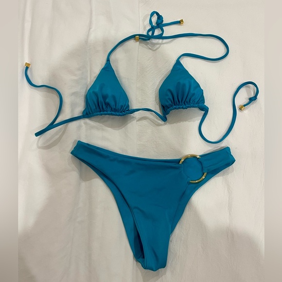 Cin Cin Teal Bikini Set with Gold Ring and Accents - Picture 1 of 6